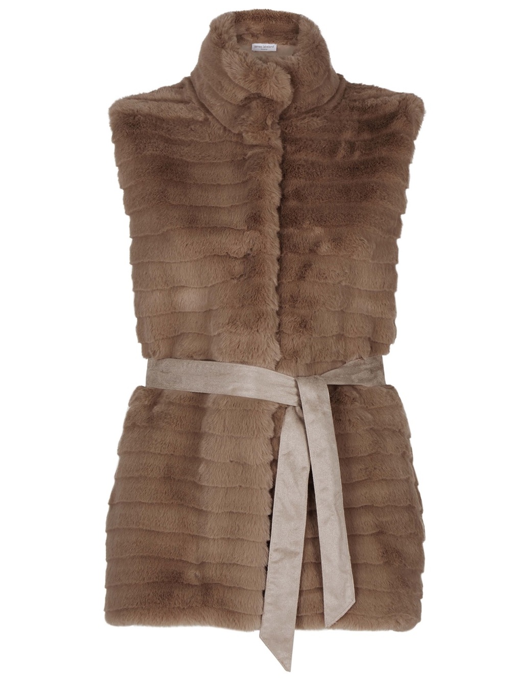 James Lakeland Ribbed Faux Fur Gilet with Belt in Taupe
